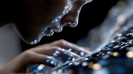 An ethereal human figure surrounded by flowing data visuals that depict the seamless integration of digital information and human experience in artistic representation.