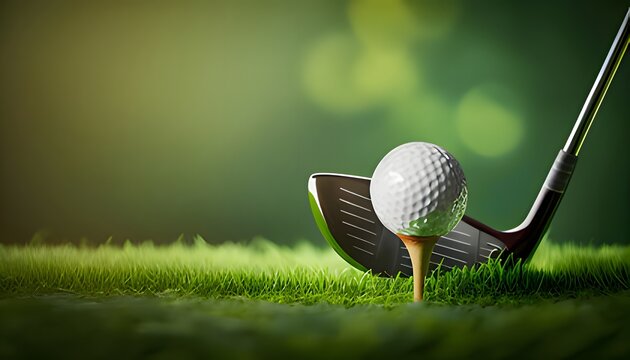 Golf club and ball ready for a tee shot on lush green grass