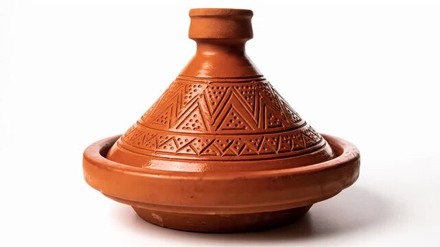 Authentic Moroccan Tagine Clay Cooking Pot Against Isolated White Background