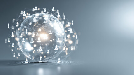 A digital globe representing global communication and networking, surrounded by interconnected silhouettes. The image emphasizes the concept of connectivity and the global community.