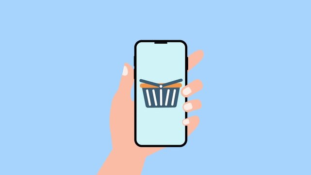 Hand Holding Smartphone With Shopping Basket Icon Animation.