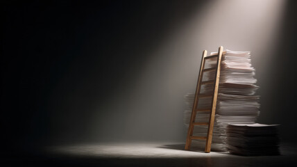 A ladder leaning against a stack of papers under a spotlight, implying challenge