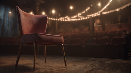 An elegant chair positioned center stage in a dimly lit theater setting, creating an atmosphere of anticipation and performance