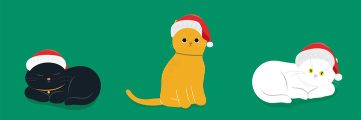 Cute cats wearing santa hat. Merry Christmas and Happy New Year. Vector flat cartoon illustration