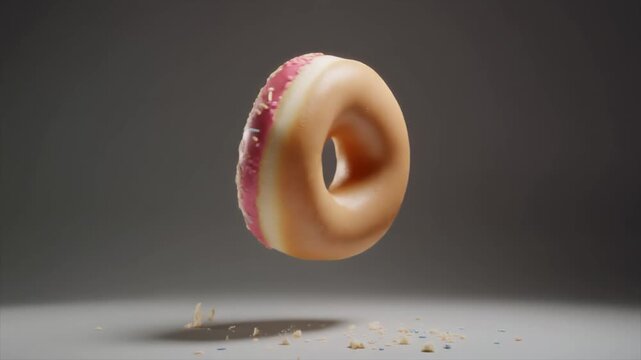 Pink frosted donut with colorful sprinkles floating mid-air with crumbs scattered below on a grey background
