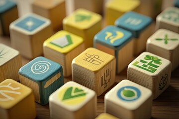 Hand building sustainable digital growth with eco technology wooden blocks.