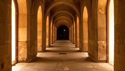 Obraz premium Symmetrical Arched Corridor with Warm Lighting in Traditional Architectural Style Evoking Depth and Serenity