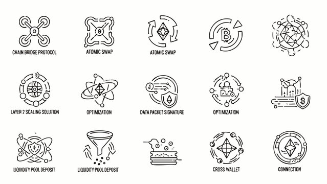 A set of cryptocurrency and blockchain technology icons representing various concepts like atomic swaps, data packet signature, and liquidity pool deposit in a clean style.