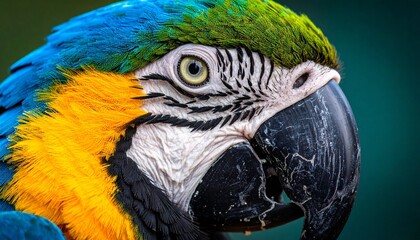 Blue and Yellow Macaw Close-Up with Vibrant Plumage and Green Background in Wildlife Portrait