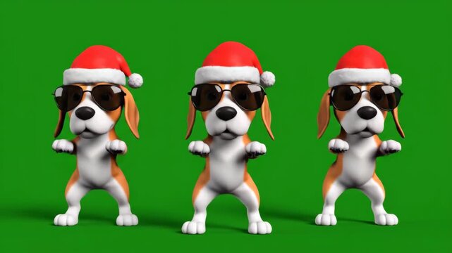 Cartoon Dogs Dancing with Santa Hats and Sunglasses - Three 3D cartoon dog characters wearing Santa hats and sunglasses are dancing.