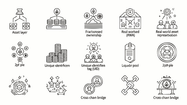 This vector art collection features various icons related to blockchain technology, including asset layers, fractionalized ownership, and real-world asset representation.