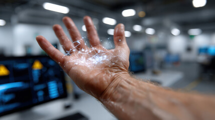 This striking image of a human hand displays a three-dimensional data network visualized in the palm, representing modern technology and the digital transformation in our lives.