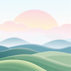Obraz premium Pixelated rolling green hills under a soft pastel sunrise sky with hazy blue mountains in the distance a serene and peaceful natural landscape scene in gentle light