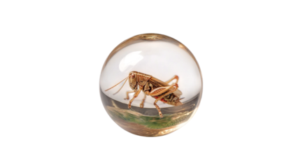 PNG of A close-up of a grasshopper encased in a glass orb, showcasing intricate details and an ethereal glow.