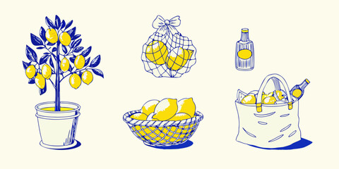 Lemon still life tree basket bag and bottle illustration