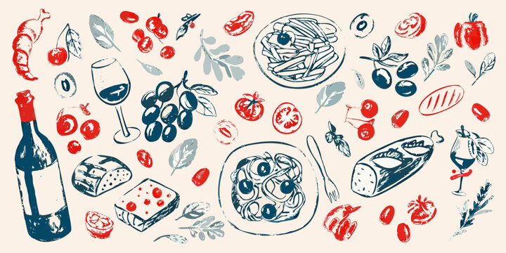 Hand drawn italian food and wine illustration with pasta and tomatoes