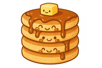 Stack of cute happy pancakes with butter and syrup, a sweet breakfast food illustration with transparent background