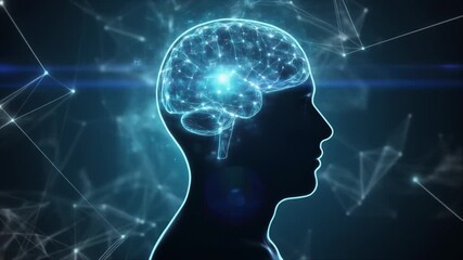 Silhouette of a human head with a glowing digital brain and interconnected network lines in a dark blue space - Powered by Adobe