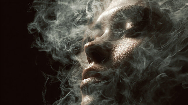 A woman's face emerges from a cloud of smoke, evoking an ethereal and mysterious atmosphere