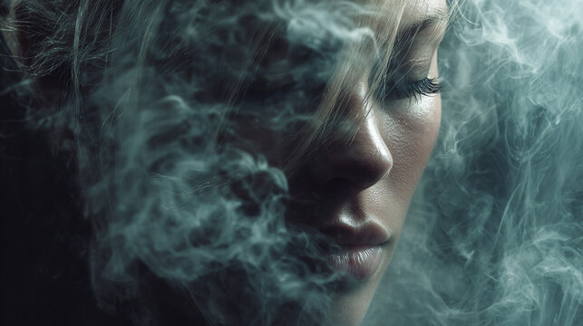An artistic portrait of a woman enveloped by ethereal smoke, evoking a sense of mystery and introspection