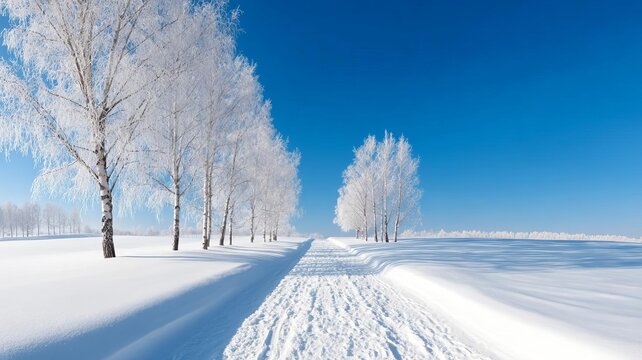 Snowy landscape with frosted trees under a clear blue sky and a winding path.