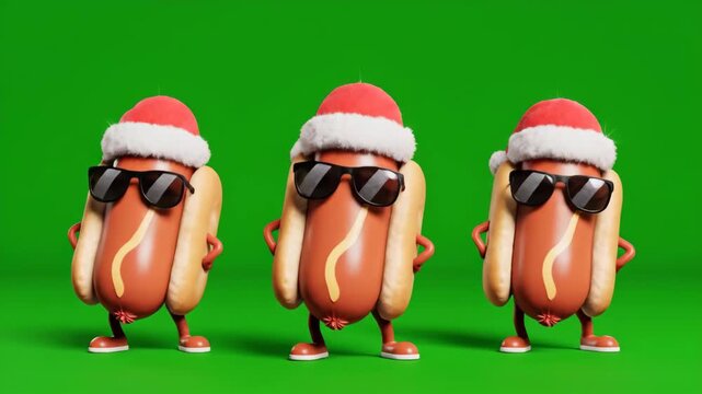 Hotdog Characters in Santa Hats - Three 3D cartoon hotdog characters with sunglasses and Santa hats are posed on a green screen background.