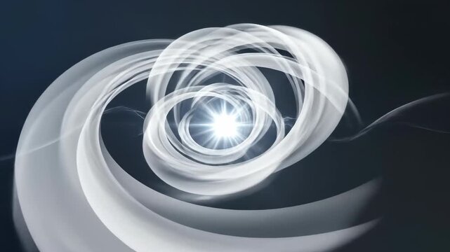 Continuous looping motion graphic of elegant white ribbons of light gracefully flowing into a clean central corporate conceptual vortex website element, communication, light gracefully flowing