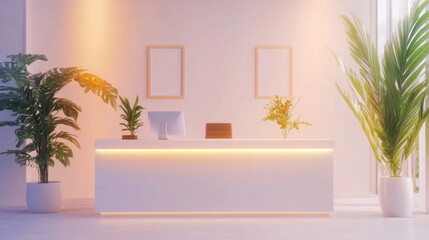 Real estate office reception counter mockup front interior registration copy space desk design indoor decoration front view decoration three-dimensional