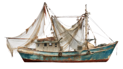 Weathered fishing vessel displaying frayed net isolated on white background for maritime, nautical, and rustic seafaring concept