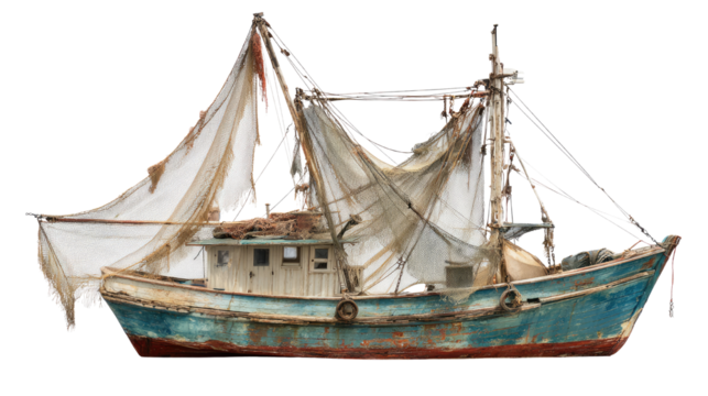 Weathered fishing vessel displaying frayed net isolated on white background for maritime, nautical, and rustic seafaring concept