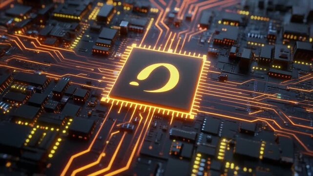 Orange Glowing Circuit Board with Central Chip and Abstract Symbol computer chip processor