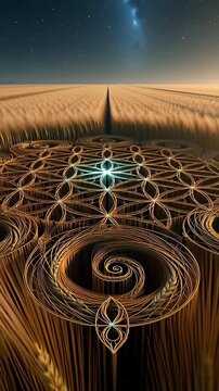 Glowing blue crop circle with sacred geometry patterns appearing in a golden wheat field under a starry night sky, illustrating alien mystery in a cinematic 3D animation.