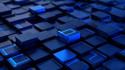 Abstract technology background with glowing blue geometric shapes and dark cubes.