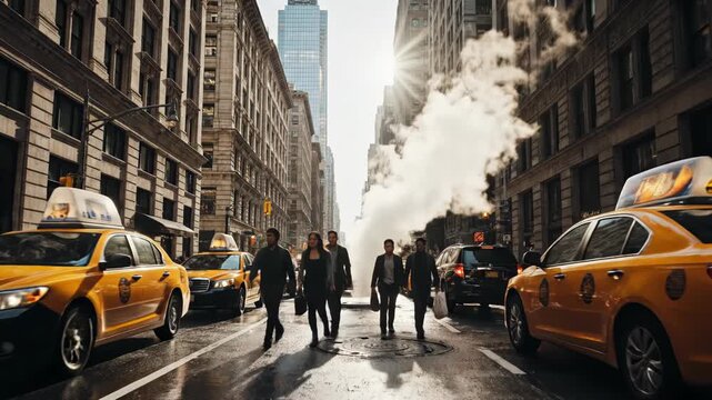 Yellow taxi cabs drive down a busy new york city street with steam rising from a manhole cover on a sunny day
