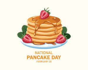 National Pancake Day vector. Fresh pancakes with strawberries and syrup icon vector. Pile of pancakes on a plate icon. Important day