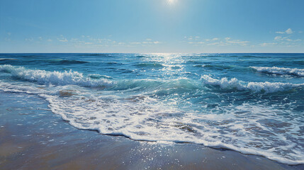 A serene seascape. The ocean, with its rhythmic waves gently rolling onto the shore, bathed in sunlight. The image evokes feelings of tranquility and peace.