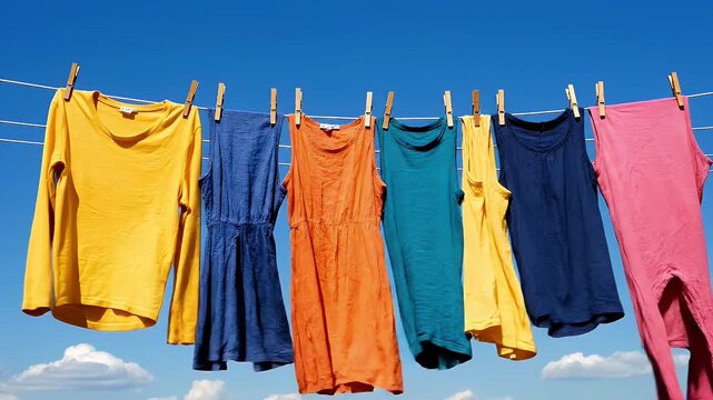 A row of colorful clean clothes drying on a clothesline outdoors
