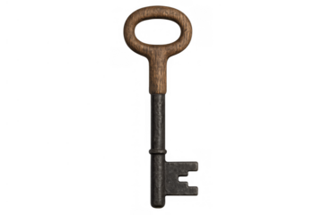 Vintage skeleton key with rustic wooden bow and antique metal shaft, representing security, access, and discovery on transparent background