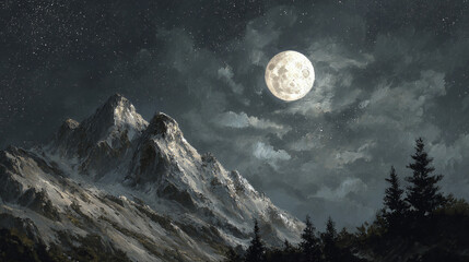 A picturesque moonlit scene featuring snow-capped mountains and a bright moon in the night sky. The clouds and pine trees add to the beauty of the landscape.