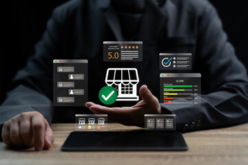 Customer Satisfaction Rating and Store Reliability, Businessman Verifying Shop Credibility,...