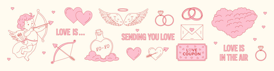 Cute hand-drawn elements for Valentine's Day with love symbols:hearts, clouds, Cupid, rings, wings, arrows, potion,love letter,Cupid's arrow.Vintage, line art vector illustration for banner, card,web.