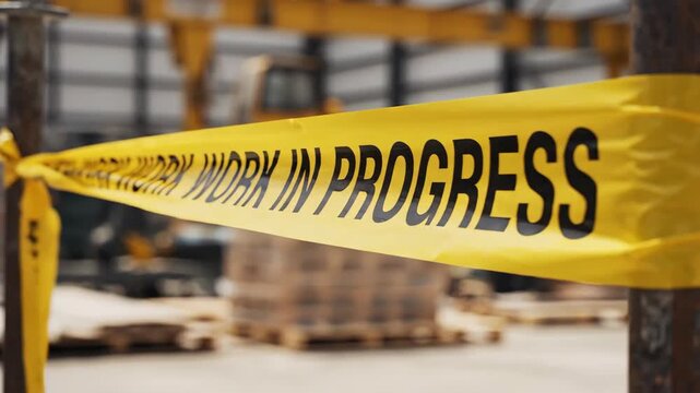 Ongoing construction site safety with work in progress barrier tape and heavy machinery background