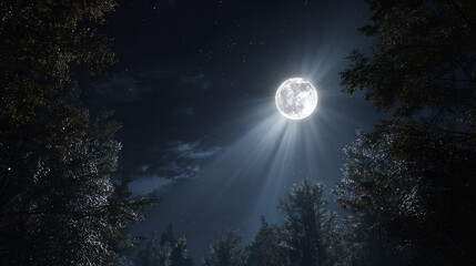 Naklejka premium A captivating moonlit forest scene with the full moon shining brightly through the trees, casting a mystical glow. This image exudes a sense of tranquility and the beauty of nature.