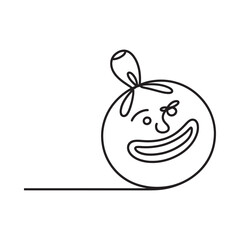 Whimsical one line drawing of a happy face ball with a bow