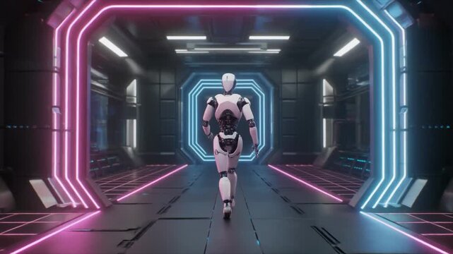 White humanoid robot walking down a futuristic corridor with glowing pink and blue neon lights on the walls and ceiling