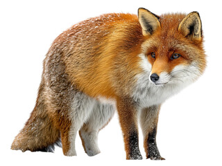 Fototapeta premium PNG of A vibrant red fox standing attentively on a snowy ground, showcasing its beautiful fur and sharp features.