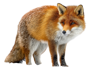 PNG of A vibrant red fox standing attentively on a snowy ground, showcasing its beautiful fur and sharp features.