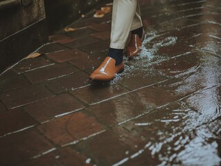 leather men shoes walking through water on the street