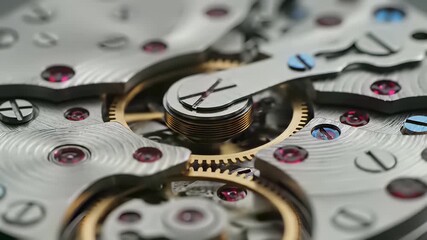Watch face with intricate clockwork mechanism, adorned with sparkling jewels and gears, showcasing precision engineering in stunning 4K UHD, perfect for background or advertisement use cases.