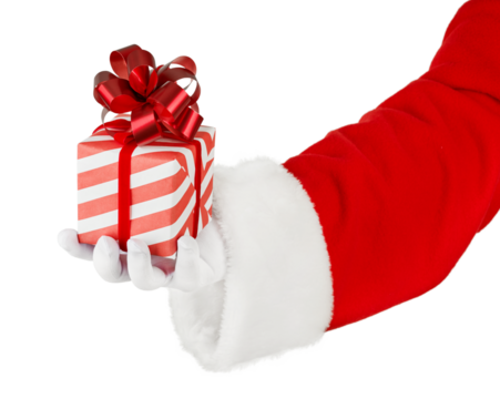 Christmas Santa Claus hand holding red gift box with red bow isolated on white background with clipping path. Design element.